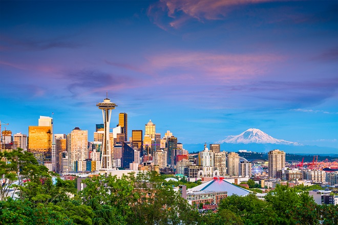 Seattle Skyline, featuring the Space Needle and Mt. Rainier