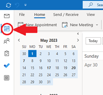 Screenshot showing location of Outlook Calendar Button