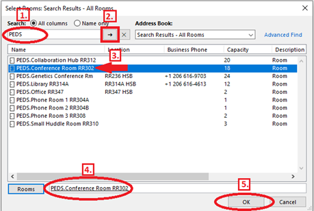 Screenshot showing example of how to specify a Pediatrics space.